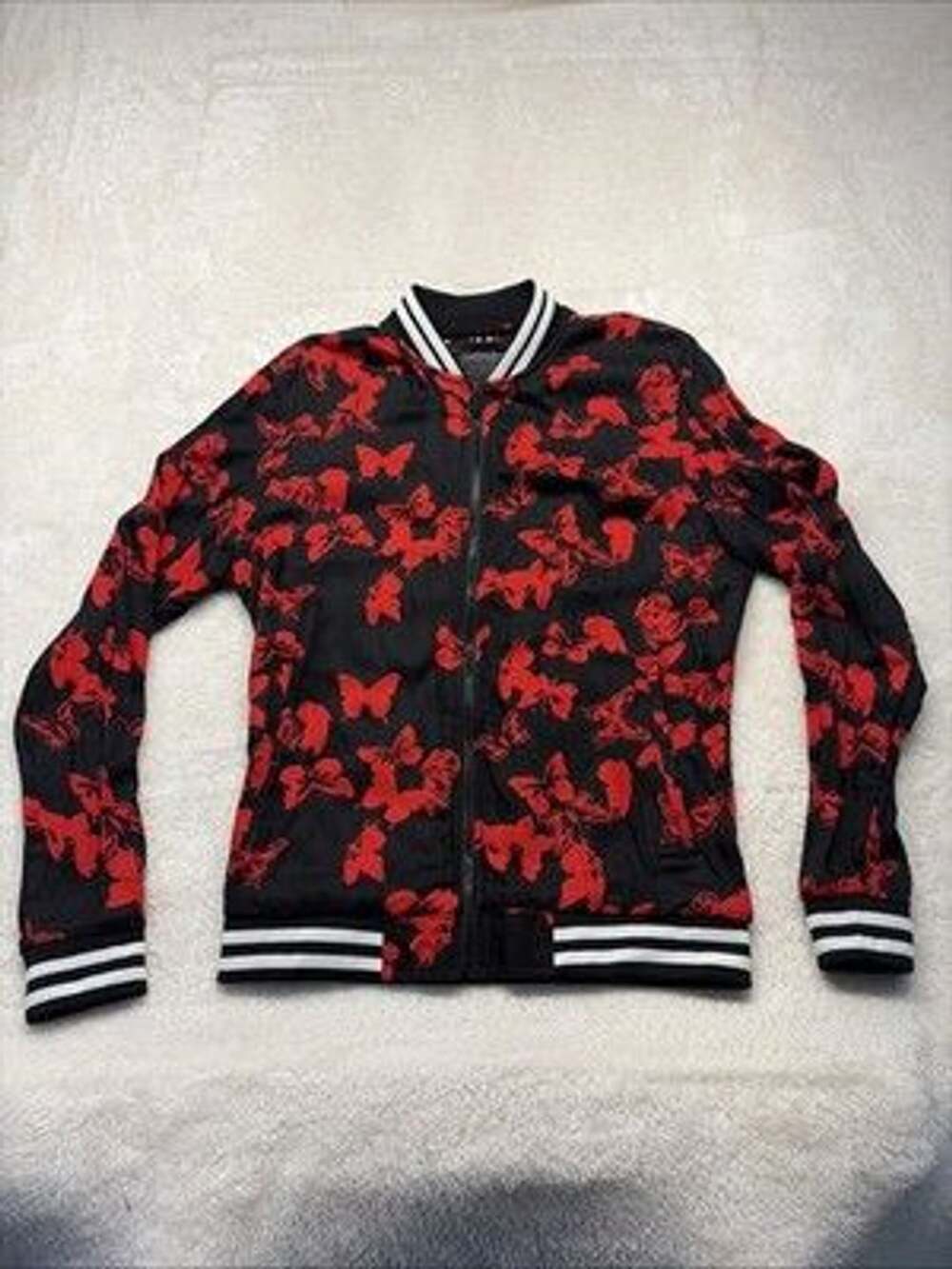 Cactus Man Thin Bomber Jacket Zip Up Cuffed Black Red Butterflies 4 Pockets Med